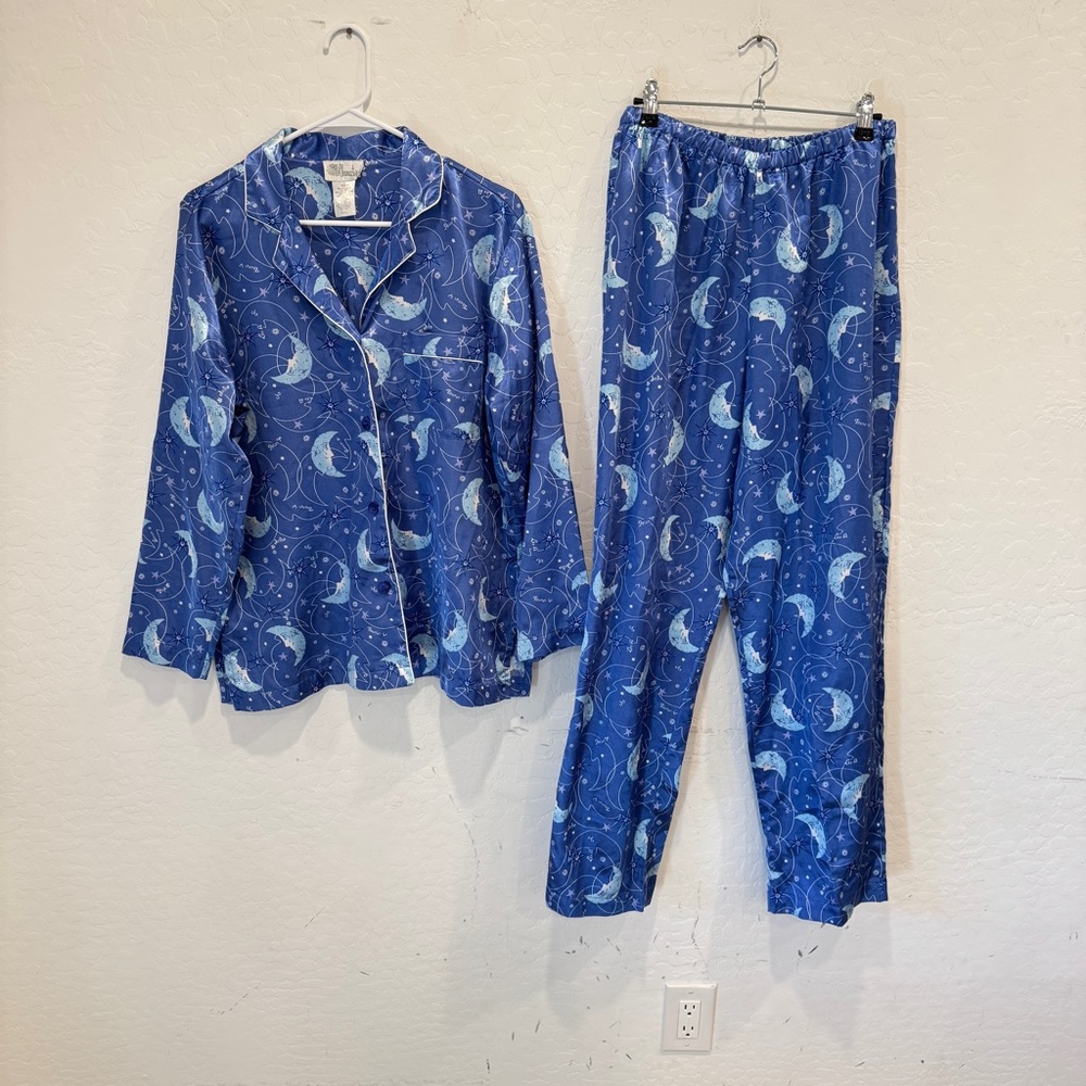Y2K Celestial Pajama Set Womens Small Satin Blue Whimsigoth Witchy Vintage